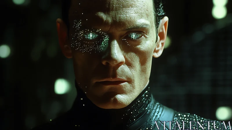 Cybernetic humanoid portrait with glowing data eyes.