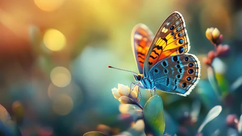 Macro digital painting of butterfly on blossom with bokeh field.