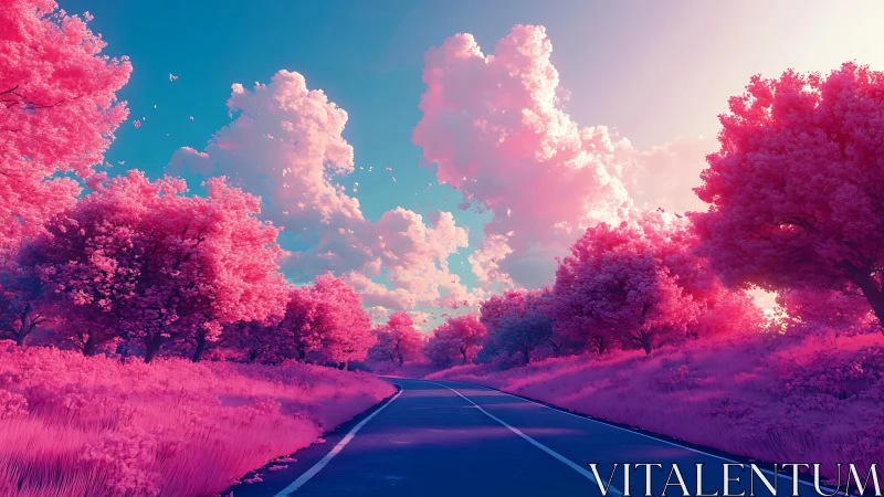 Curved roadway traverses stylized pink forest under clouds