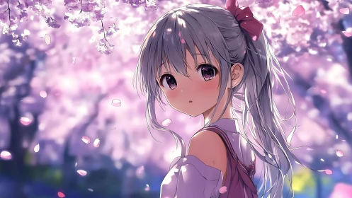 Anime girl stands under blooming cherry trees in soft focus