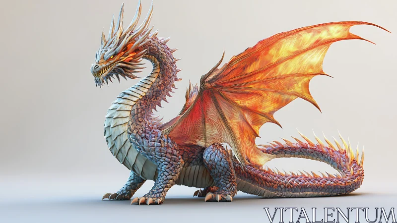 Side profile of detailed 3D dragon with fiery wings.