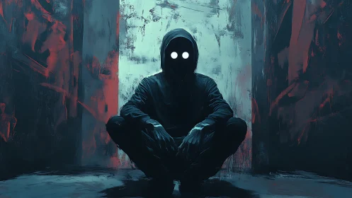 Hooded silhouette with glowing eyes in abstract neon corridor.