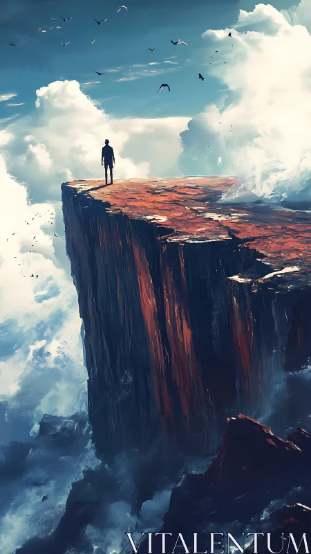 Digital painting of lone figure on dramatic cloud-framed cliff.