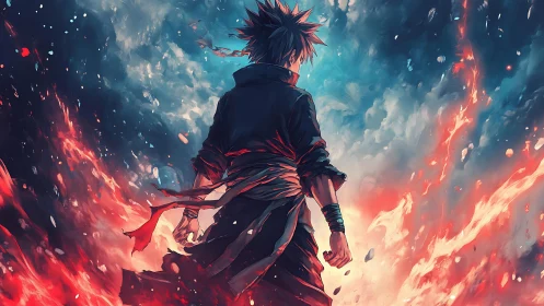 Lone anime warrior stands amid swirling fire and storm