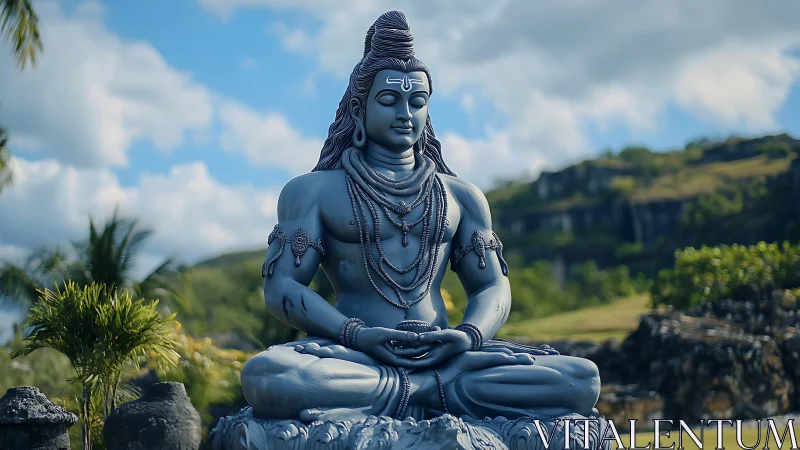 Granite-toned Shiva sculpture in outdoor meditative configuration.