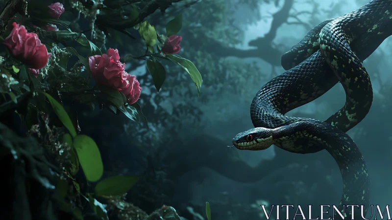 Midnight forest serpent quietly guards blooming pink roses