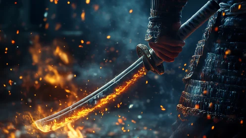 Flaming katana held by armored warrior amid cinematic embers