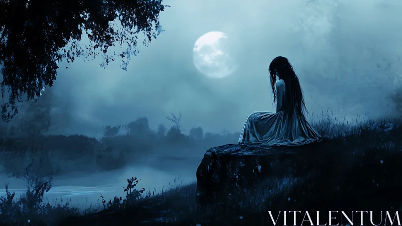 Solitary girl in moonlit mist beside a silent lakeshore.