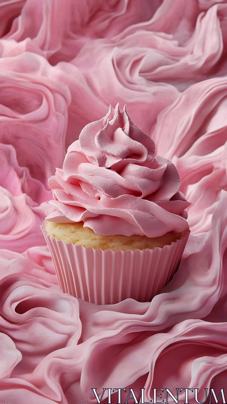 Pink Frosted Cupcake Against Liquid Swirl Backdrop. High-End Food Visualization.