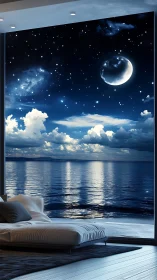 Moonlit ocean panorama fills minimalist bedroom interior