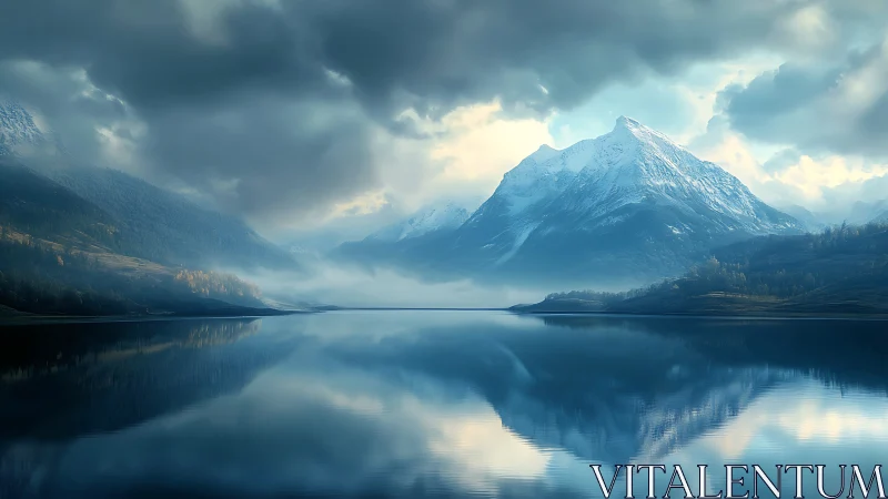 Snowbound peaks mirrored on tranquil glacial lake at dawn.