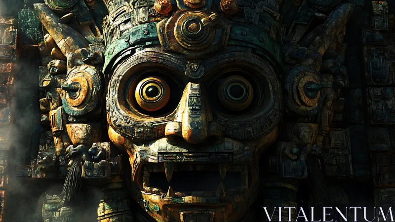 Ancient mechanical idol face with glowing ritual eyes.