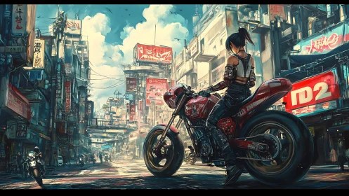 Street rider on red motorcycle in dense neon cityscape.