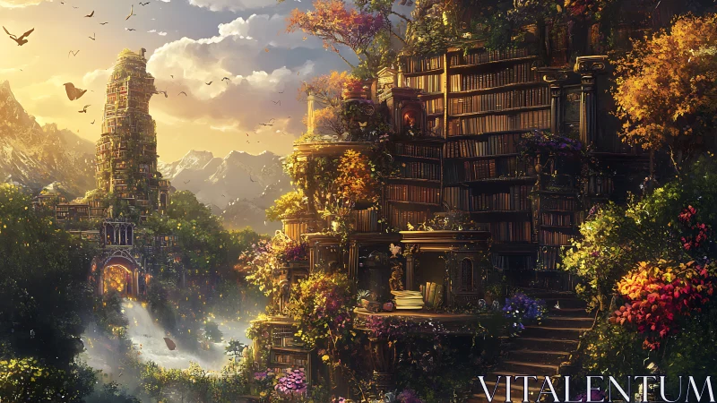 Towering outdoor fantasy library complex rises among forests