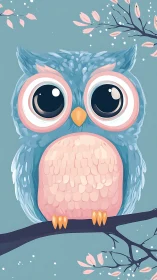 Stylized blue owl on branch with oversized eyes and pastel plumage