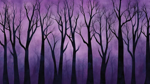 Bare deciduous forest silhouettes against gradient violet dusk