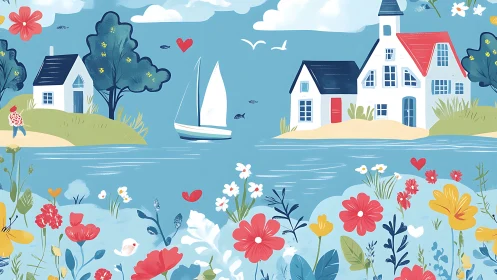 Gentle riverside cottages wrapped in bright wildflower joy.