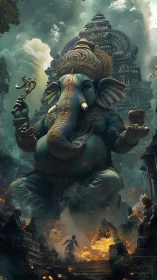 Colossal elephant deity looms above burning temple ruins.
