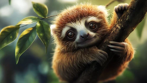 Shy rainforest sloth clings to sunlit branch with wonder.