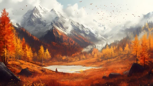 Digital landscape renders autumn valley and distant mountains