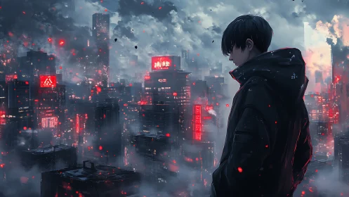 Figure stands over dense neon cityscape under storm clouds