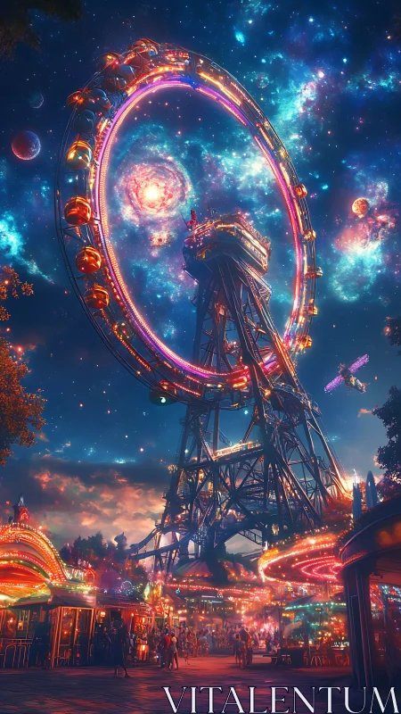 Circular amusement ride structure intersects dense starfield sky