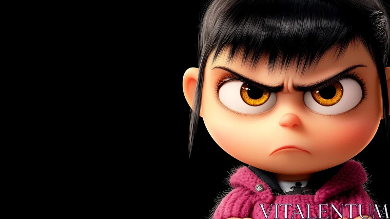 High-intensity 3D portrait of frowning child character.