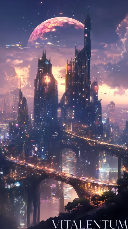 Starlit bridges thread through a neon citadel beneath twin skies