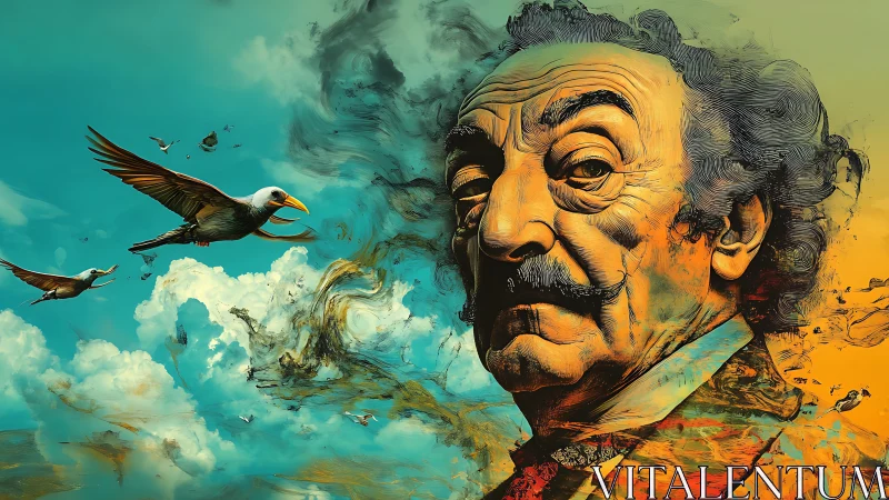 Surreal elder portrait dissolving into teal skies and birds.
