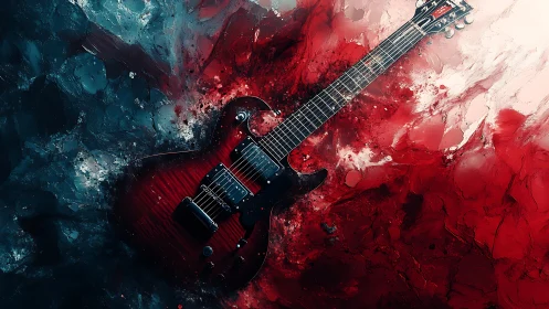 Electric red guitar riding a storm of swirling color.
