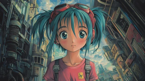 Curious teal haired girl quietly explores a worn cybercity