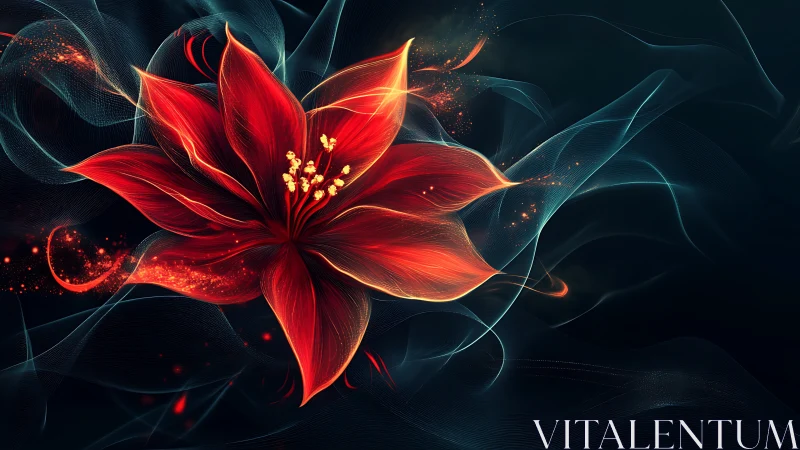 Glowing red flower on dark swirling abstract background.