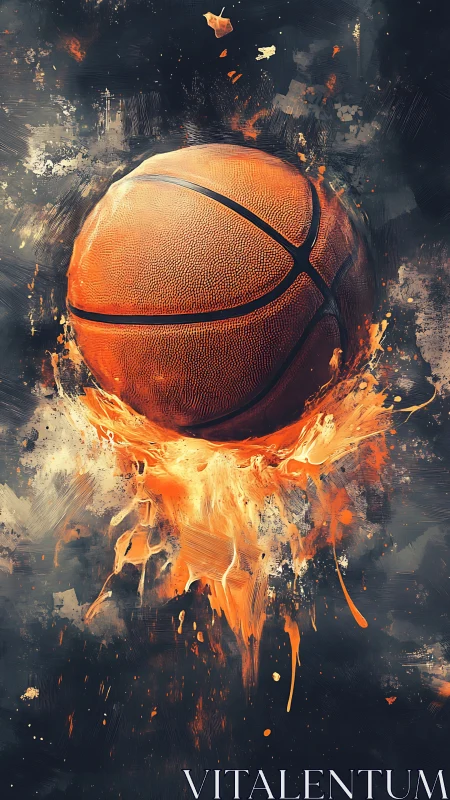 Basketball suspended amid orange fluid burst on dark ground.