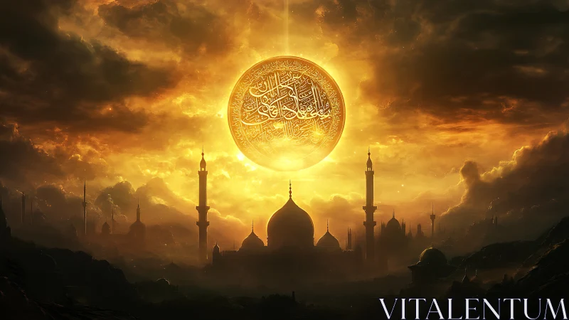 Sunlit mosque skyline under large calligraphic disc at dusk.