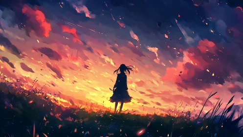 Silhouetted figure stands before saturated digital sunset sky