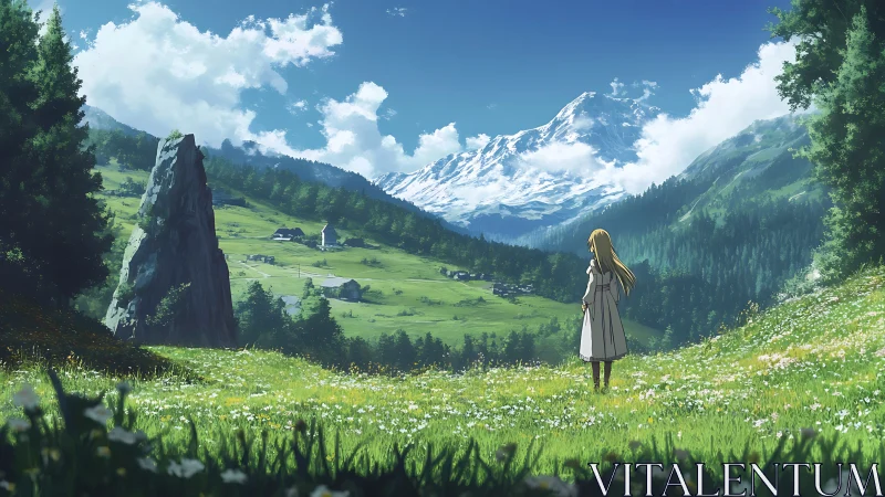 Quiet hilltop daydream beneath distant snowy mountains.