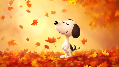 Snoopy savoring golden autumn leaves in gentle sunshine.