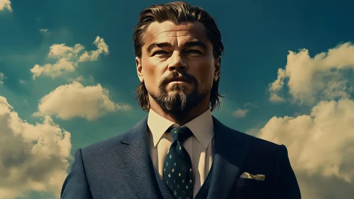 Confident suited man gazing upward beneath glowing clouds.