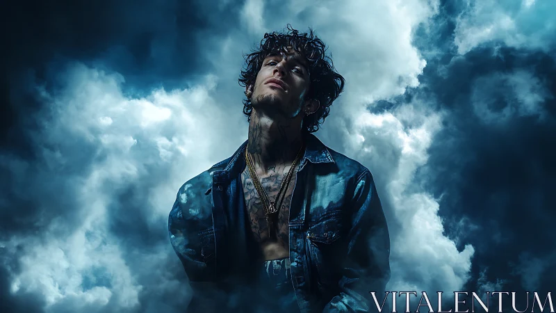 Moody low key portrait isolates tattooed subject in volumetric clouds