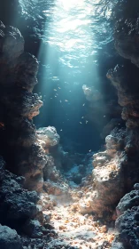 Sunlit ocean chasm opens into a tranquil underwater sanctuary