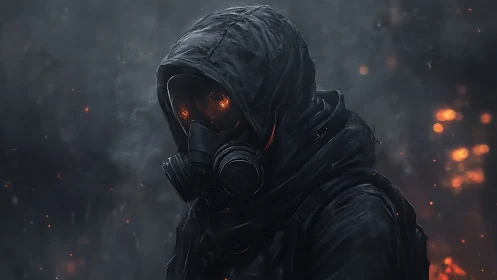 Hooded gas mask figure stands amid dark burning embers