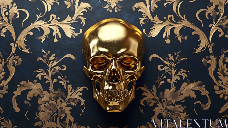 Gilded skull grinning against baroque midnight wallpaper.