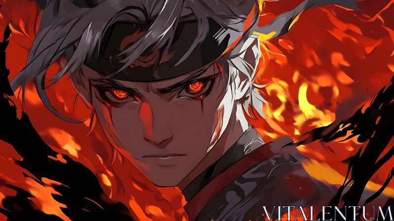Fire-eyed anime warrior surrounded by blazing inferno.