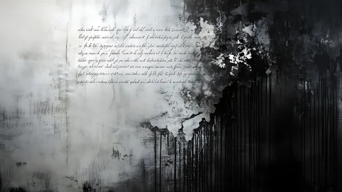 Ink script erodes through monochrome wall abstraction.