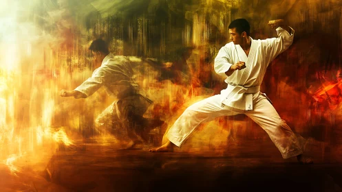 Martial artist executes dynamic kata amid blazing light.