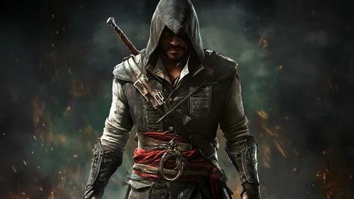 Hooded rogue warrior in leather armor amid burning smoke.