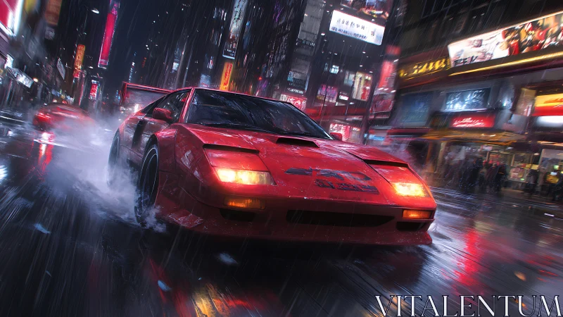 Red wedge supercar drifting through neon soaked night rain