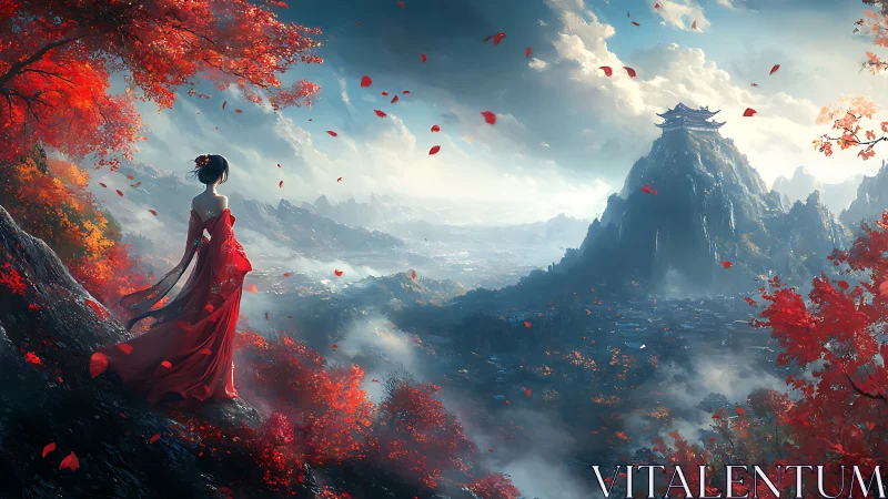 Woman in red overlooking misty mountain temple valley.