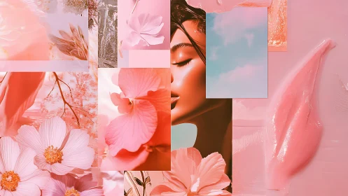 Collaged pink-toned floral panels frame stylized human portrait