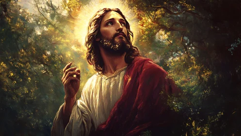 Figure in robe rendered with halo effect in forest setting